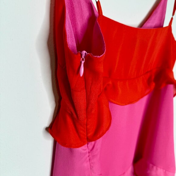 MICAS | Color Block Ruffle V-Neck Mini Two Tone Pink and Orange Dress - S - Picture 6 of 7
